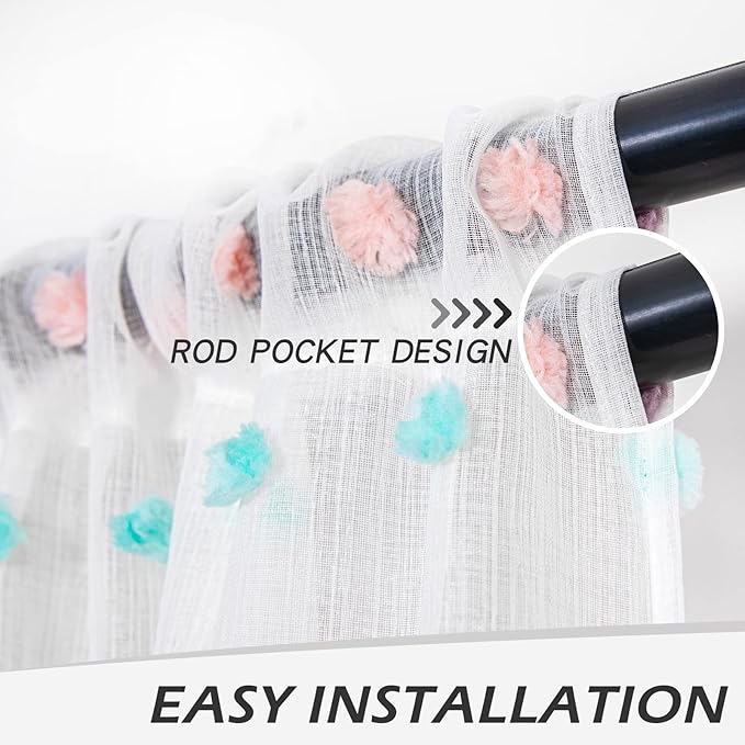 MYSKY HOME Large Curtains Rainbow Pom Pom White Sheer Curtains for Living Room Colorful White Sheer Curtains Sliding Door 108 Inch Long Light Filtering Rod Pocket Window Panels 52 x 108 inch 2 Pieces