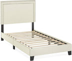 Furinno Laval Double Row Nail Head 12PC Slat Style Bed Frame, Twin, Linen