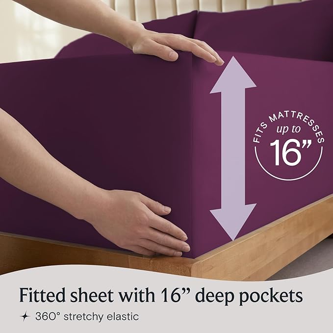 LuxClub 4 PC King Sheet Set, Breathable Luxury Bed Sheets, Deep Pockets Wrinkle Free Cooling Bed Sheets Machine Washable Hotel Bedding Silky Soft - Eggplant King