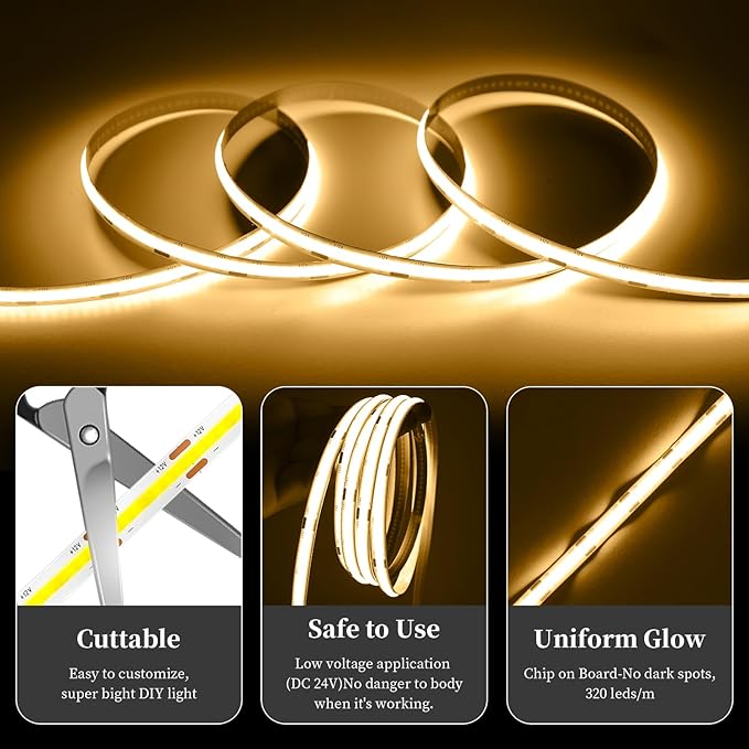 iNextStation COB LED Strip Light Warm White 3000K 32.8FT 10M DC24V CRI 93+ Dimmable Flexible LED Tape Lights for Bedroom, Kitchen, TV Backlight, Cupboard, Wardrobe, Home Lighting Decor