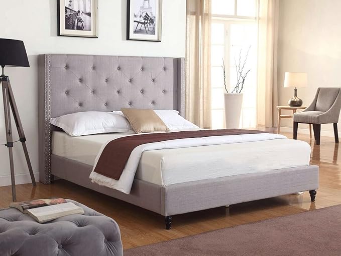 HomeLife Premiere Classics Cloth Light Grey Silver Linen 51" Tall Headboard Platform Bed with Slats Queen- Complete Bed 5 Year Warranty Included-007