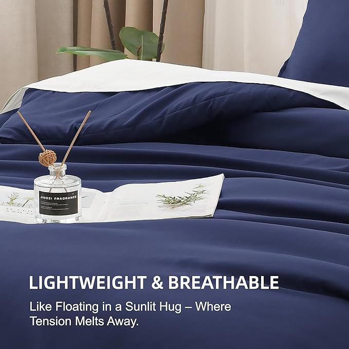 Litanika Comforters Navy Blue Oversized Queen Size, 3 Pieces Lightweight Solid Bedding Set & Collections, All Season Fluffy Bed Set (98x98In Comforter & 2 Pillowcases)
