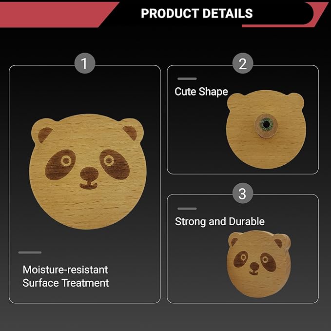 6PCS Wooden Panda Shaped Cabinet Knobs, Cabinet Handles, Single Hole Beech Wood Handles, Wood Hooks with Full Set of Screw Accessories