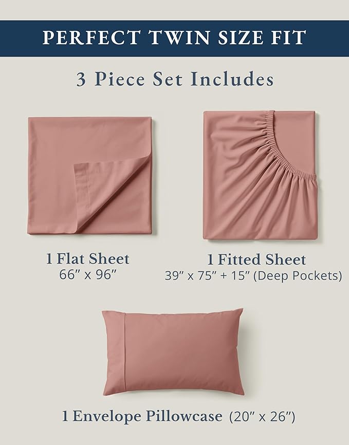 LANE LINEN 100% Organic Cotton Twin Sheet Set, Soft & Comfy Premium Bedding Sheets & Pillowcases, Luxury Hotel Like Percale Sheets, Reinforsed French Seam in Fitted Sheets Pocket - Rose Dawn
