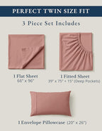 LANE LINEN 100% Organic Cotton Twin Sheet Set, Soft & Comfy Premium Bedding Sheets & Pillowcases, Luxury Hotel Like Percale Sheets, Reinforsed French Seam in Fitted Sheets Pocket - Rose Dawn