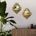 Three-Dimensional Relief Candle Sconces Set 2 Rustic Wall Mount Candle Holders Wood Hanging Wall Decor Mirrored Wall Art Hand Carved Home Decoration Gold