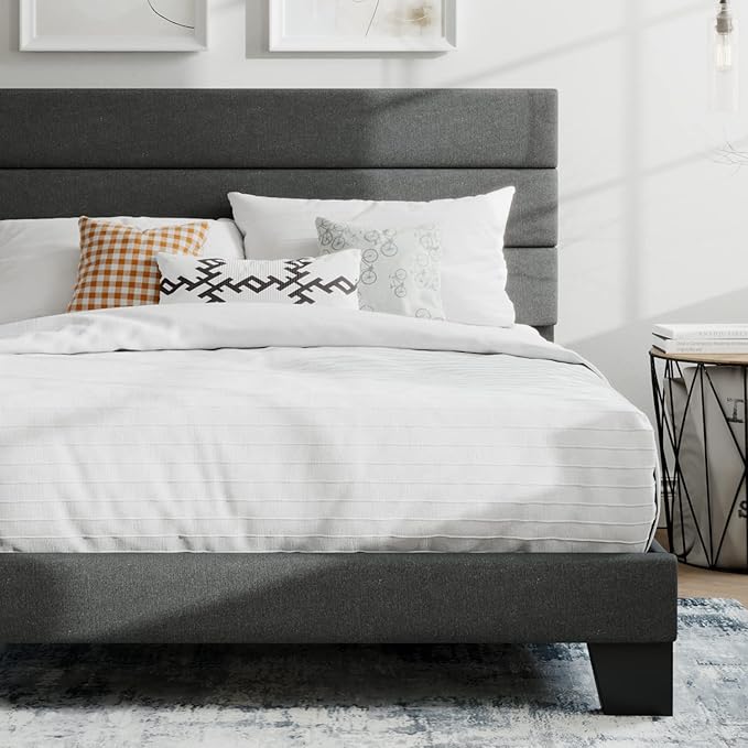 SHA CERLIN Full Platform Bed Frame with Upholstered Fabric Headboard, Mattress Foundation with Strong Wooden Slats Support, No Box Spring Needed, Grey