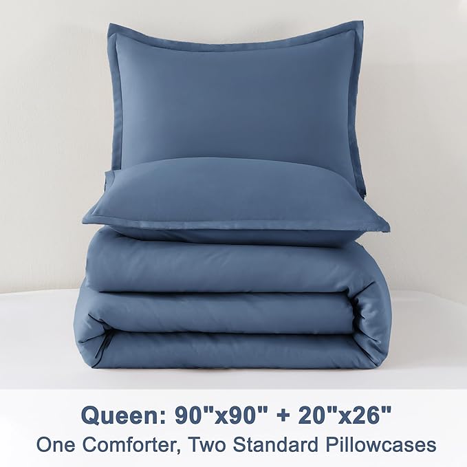 Litanika Haze Blue Comforter Set Queen Size, 3 Pieces Lightweight Solid Bedding Comforter Set, All Season Fluffy Bed Set (90x90In Comforter & 2 Pillowcases)