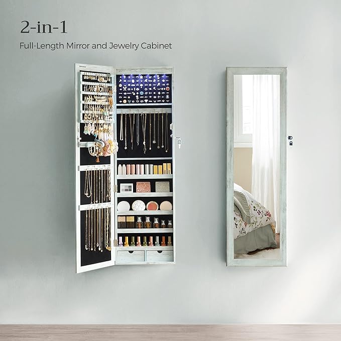 SONGMICS 6 LEDs Mirror Jewelry Cabinet, 47.2-Inch Tall Lockable Wall or Door Mounted Jewelry Armoire Organizer with Mirror, 2 Drawers, Christmas Gift, 3.9 x 14.6 x 47.2 Inches, Rustic Green