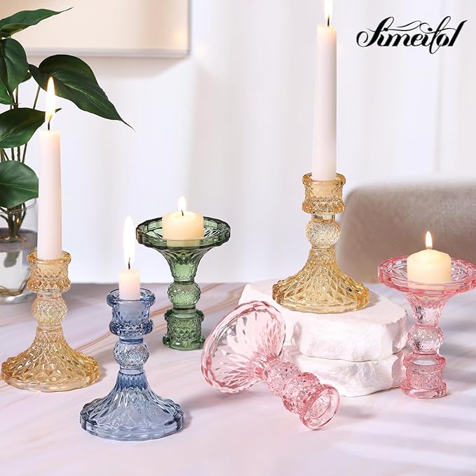Glass Candle Holder Set of 12, Green Taper Candle Holders Bulk, Vintage Candlestick Holders, Candle Stick Holder for Table Centerpieces, Wedding, Festival & Home Decor