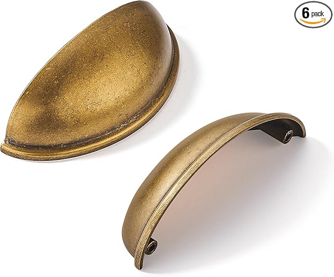 khtumeware 6 Pack 2-1/2" Antique Brass Drawer Pulls Cabinet Cup Pulls Vintage Kitchen Hardware Cabinet Handles Drawer Handles Knobs 2.5 inch Hole Center