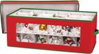 Household Essentials Ornament Storage Box, 36 Piece with Dividers, Sturdy and Stackable with Handles and Clear Plastic Window, Red Polyester Linen with Green Trim