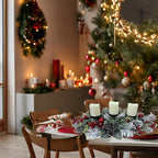 Christmas Candle Holder 3 Candle Holders Xmas Table Centerpiece with Snow Flocked Pine Branches,Pinecones, Red Berries