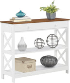 Convenience Concepts Oxford 1-Drawer Console Table 39.5" - Farmhouse Sofa Display with Storage Shelf For Living, Family, & Dining Room, Modern Entryway Hall Table for Kitchen, Bedroom, Driftwood/White