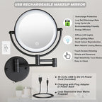 Wall Mounted Makeup Mirror with Lights and 10X Magnification, 8" Rechargeable Double Sided Touch Dimmable Foldable Extended Arm 360 Rotation for Bathroom, Matt Black