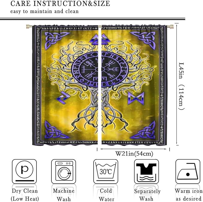 Viking Blackout Curtains Scandinavian Pirate Totem Mythology Golden Tree of Life Printed Curtain Bedroom and Living Room Decoration Blackout Curtains W42 * L45 Inch