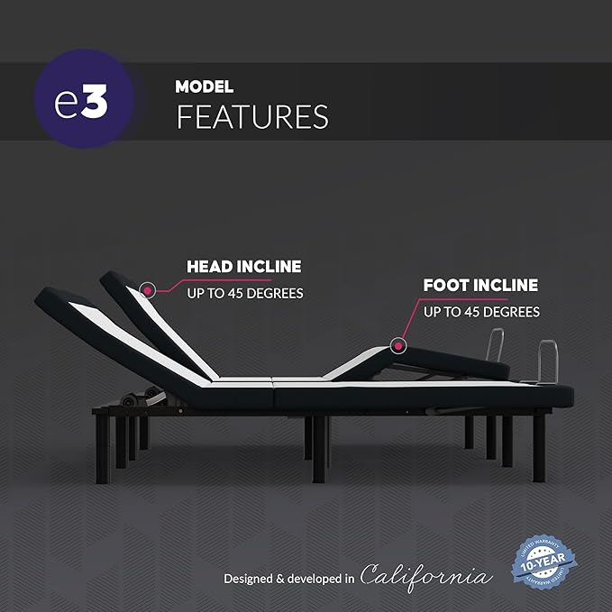 Blissful Nights Full e3 Adjustable Bed Base Frame with Head and Foot Incline, Wireless Remote Control, Easy Assembly, and 10 Year Warranty