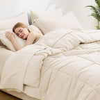 Love's cabin California King Comforter Set Beige, 7 Pieces California King Bed in a Bag, All Season Bedding Sets with 1 Comforter, 1 Flat Sheet, 1 Fitted Sheet, 2 Pillowcase and 2 Pillow Sham
