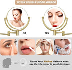 Matte Gold Wall Mounted Makeup Mirror with Lights and 10X Magnification, 8" Rechargeable 2-Sided 3-Colors, Touch Dimmable Extended Arm 360 Rotation, Foldable Vanity Cosmetic Shaving Mirror Bathroom