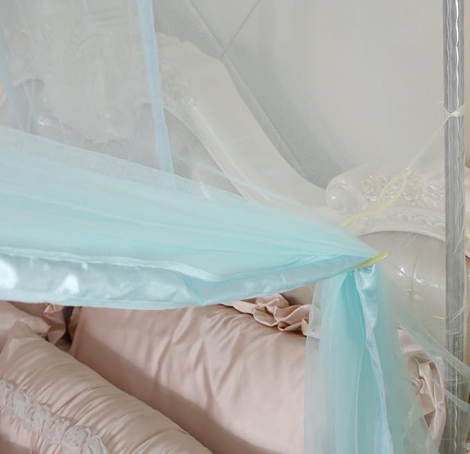 Mengersi 4 Corners Canopy Bed Curtains for Girls Kids Adults - Bed Drapes - 4 Opening Mosquito Net - Cute Princess Bedroom Decoration (Queen, Sky Blue)