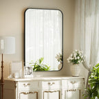 BEAUTYPEAK 20" x 28" Rectangular Aluminum Alloy Frame Wall Mounted Bathroom Mirror with Rounded Corners, Black