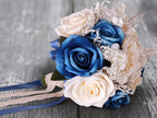 LEIFENY Wedding Bouquets for Bride, Champagne White & Royal Blue Bridal Bridesmaid Wedding Flowers, Artificial Toss Rose for Civil Ceremony (Hollow Lace Ribbon Handle)