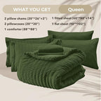 HYMOKEGE Olive Green Queen Comforter Set Seersucker 7 Pieces, All Season Luxury Bed in a Bag Queen for Bedroom, Bedding Set with Comforter, Sheets, Pillowcases & Shams