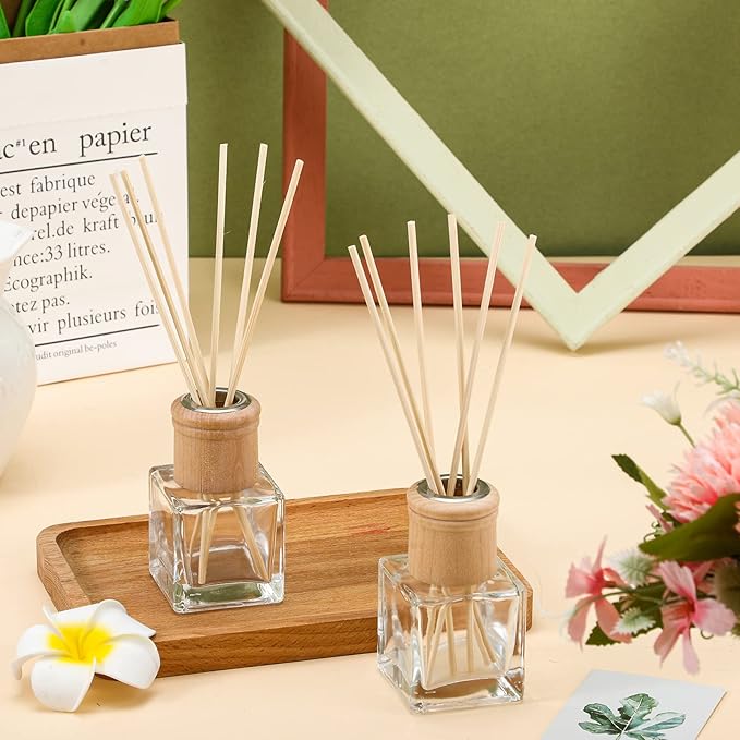 Roshtia 40 Set Reed Diffuser Bottle Empty Refillable Fragrance Glass Diffuser Bottles with Wooden Caps Rattan Sticks 50ml 1.7 oz Glass Jars for DIY Fragrance