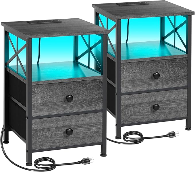AMHANCIBLE Night Stand Set 2, LED Nightstand with Charging Station, End Tables Living Room with Fabric Drawers, Bedside Table for Bedroom, Dark Grey HET052LDG
