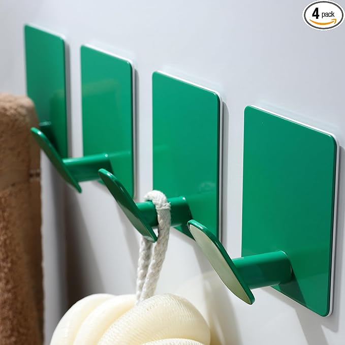 DELITON 4 Pack Colorful Hanging Hooks - Adhesive Green Cute Kids Wall Hooks for Hanging Towels, Robe, Coat, Decor Bathroom Organizer