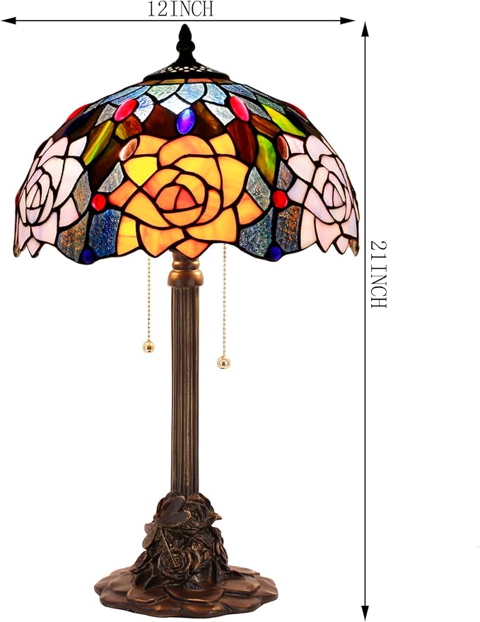 Tiffany Stained Glass Table Lamp 12X12X21Inch Resin Base Desk Bedroom Living Room Reading Light (Purple Orange Rose Flower)