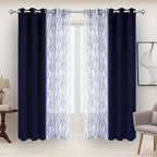 BONZER Mix and Match Curtains - 2 Pieces Branch Print Sheer Curtains and 2 Pieces Blackout Curtains for Bedroom Living Room Grommet Window Drapes, 37x84 Inch/Panel, Indigo, Set of 4 Panels