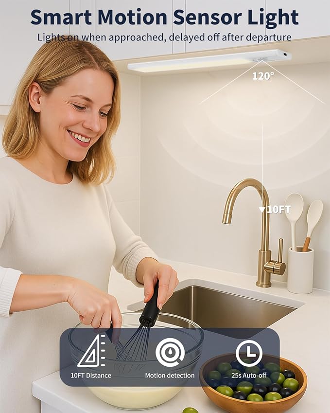 FBY Under Cabinet Lighting, 12 Inch Motion Sensor Light Indoor, 1800mAh USB Rechargeable Closet Light, 3 Color Temperature Operable LED Lights, Can Be Used for Wardrobes, Cabinets, Stairs (3 Pack)