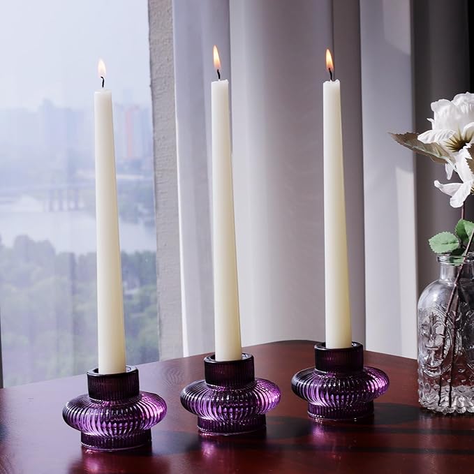 VOHO Purple Taper Candle Holders Ribbed Glass Gifts, 6 A Pack Candlestick Holders for Table Centerpiece Christmas/Halloween Decorations, Versatile Candle Holders for Candlesticks or Tea Lights Candles