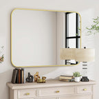 BEAUTYPEAK Gold Rectangular Bathroom Mirror - 30" x 40" Wall Mounted Aluminum Alloy Frame Mirror with Rounded Corners for Bedroom Living Room, Horizontal or Vertical