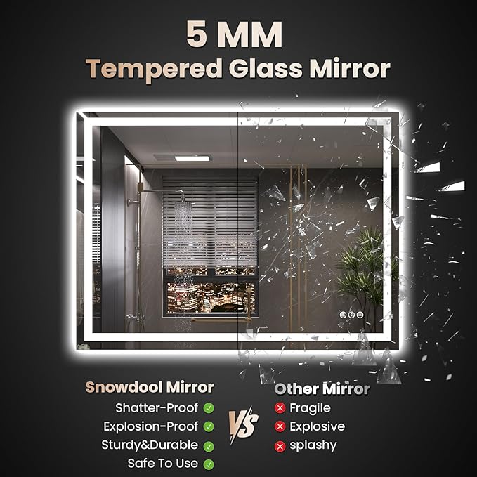 48"X36" LED Bathroom Mirror with Front Lights and Backlit, Anti-Fog, Dimmable, Shatter-Proof Tempered Glass, Lighted Bathroom Vanity Mirror for Wall with 3 Colors, Memory Function