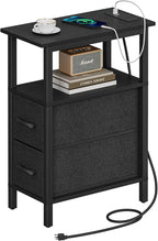 Narrow Side Table for Small Spaces, Skinny End Table with Charging Station, Sofa Beside Table with 2 Fabric Drawers and 1 Open Compartment, Slim Nightstand with USB Ports Outlet, Black UTBT004B