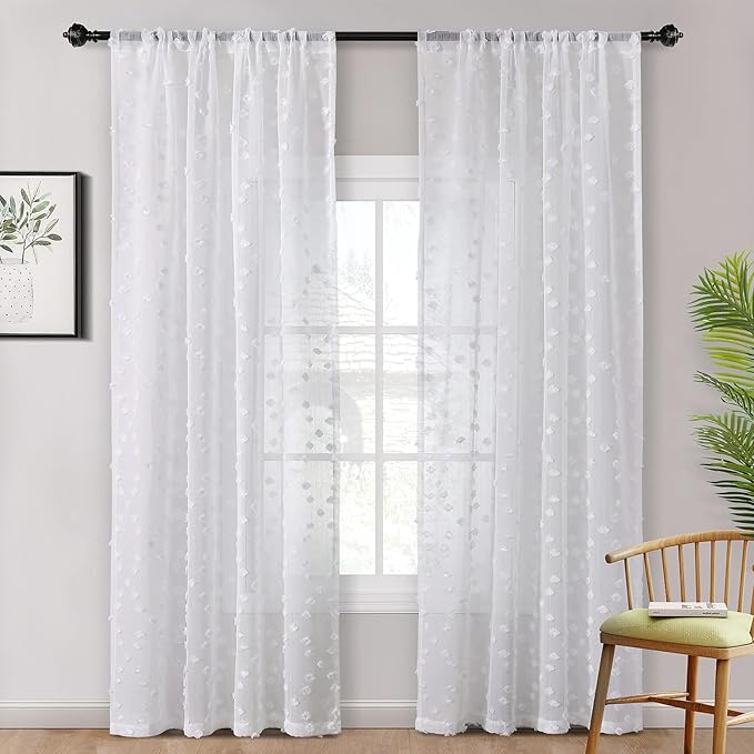MYSKY HOME Pom Pom White Sheer Curtains for Bedroom Girls Room Curtains 72 Inches Long for Nursery Kids Light Filtering Boho Window Drapes, Rod Pocket, 38" Wide, 2 Panels