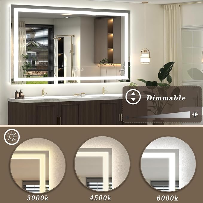 55x36 Large LED Mirror for Bathroom, Lighted Vanity Mirror for Wall, Dimmable, Anti-Fog, Shatter-Proof, ETL Listed (Front Lights + Backlit)