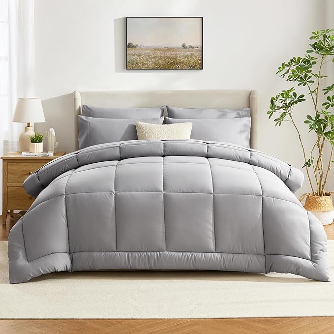 CozyLux Full Size Comforter Sets Grey, 7 Pieces Bed in a Bag, Gray Comforter Full Size, All Season Bedding Sets with Stitch Quilted Comforter, Flat Sheet, Fitted Sheet, Pillowcases
