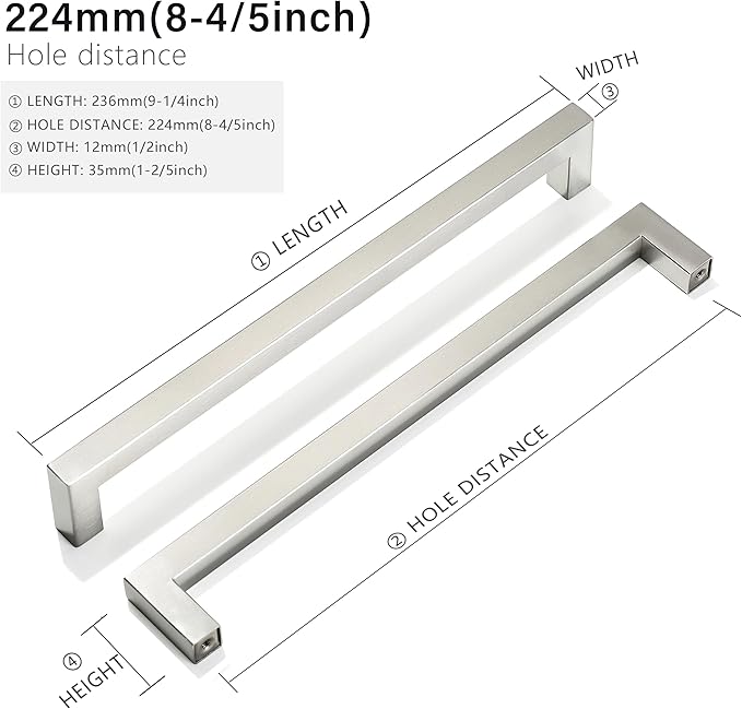 Cabinet Pulls Brushed Nickel Cabinet Handles Square Drawer Pulls, 40 Pack 8-4/5 Inch Stainless Steel Kitchen Door Cupboard Cabinet Handles, Cabinet Hardware Drawer Handles, 224mm Hole Centers