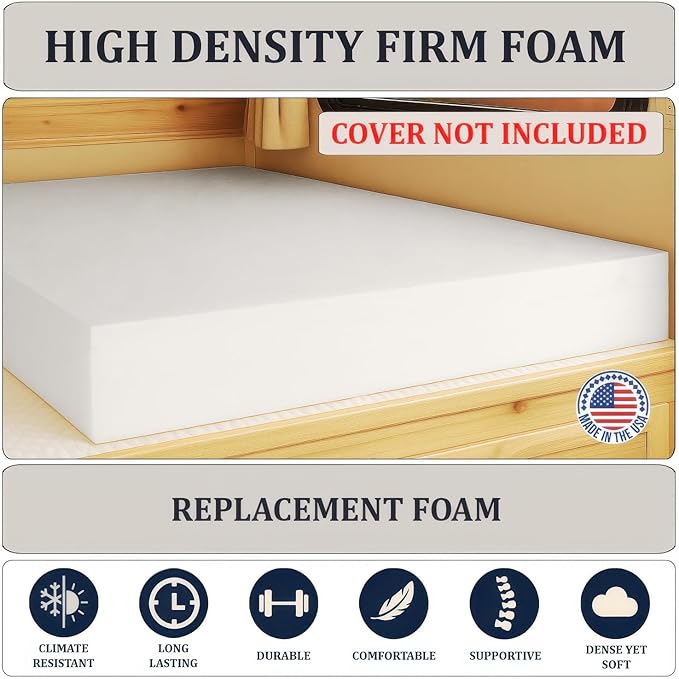 Foamma 5” x 39” x 75” Camper/RV Travel High-Density Foam Bunk Mattress Replacement, Made in USA, Comfortable, Travel Trailer, CertiPUR-US Certified, Cover Not Included