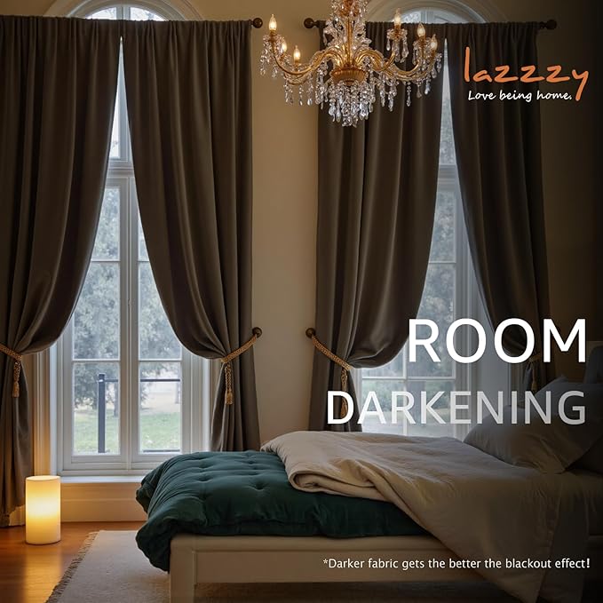 Lazzzy Velvet Blackout Curtains Thermal Insulated Room Window Drapes Super Soft Luxury Curtains for Living Room Bedroom Rod Pocket 2 Panels, Truffle, 52" W x 90" L