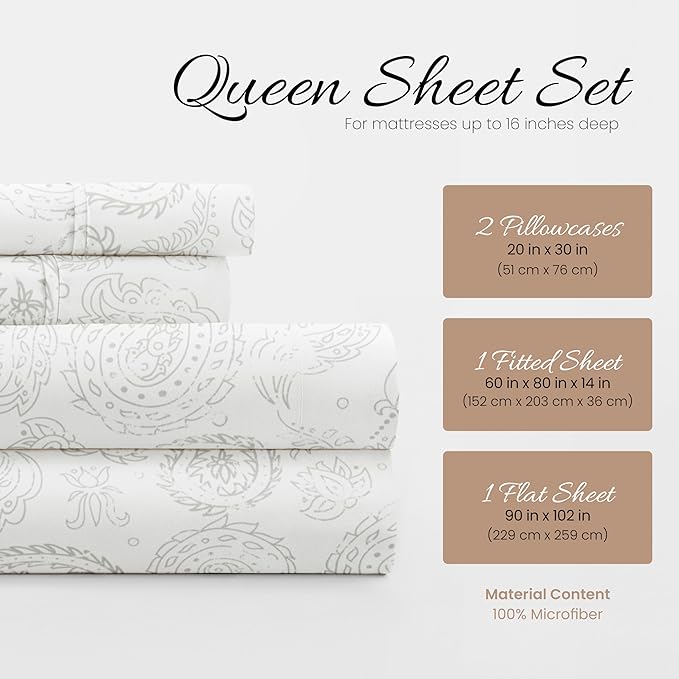 Linen Market Double-Brushed Patterned Microfiber Queen Sheet Set 4 Piece – Oeko-TEX Certified Ultra Soft & Wrinkle-Free - 16" Deep Pocket Sheets - Easy Care Queen Size - Coarse Paisley Light Gray