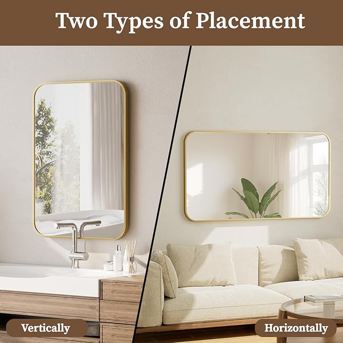 BEAUTYPEAK Gold Rectangular Bathroom Mirror - 30" x 40" Wall Mounted Aluminum Alloy Frame Mirror with Rounded Corners for Bedroom Living Room, Horizontal or Vertical