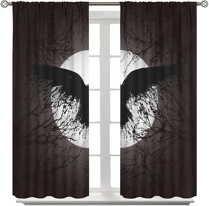 Cool Raven Print Curtains for Bedroom - Vintage Nordic Viking Theme Dead Tree Crow Full Moon Window Drapes,Energy Saving Thermal Insulated Rod Pocket Bedroom Blackout Curtains 2 Panels 63L x 27.5W