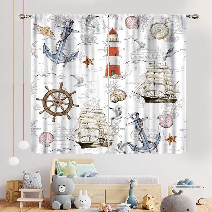Nautical Kitchen Curtains, Vintage Marine Coastal Sailboat Compass Anchor Ocean Beach Lighthouse Watercolor Decorative Drapes for Bedroom Living Room Kitchen Bathroom Window 2 Panels Set, 52"x84" Inch