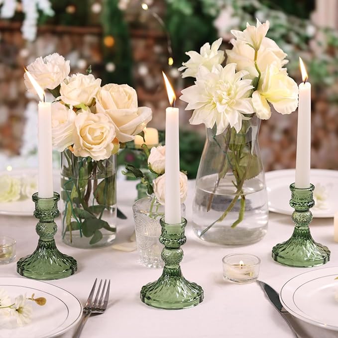 Glass Candle Holder Set of 12, Green Taper Candle Holders Bulk, Vintage Candlestick Holders, Candle Stick Holder for Table Centerpieces, Wedding, Festival & Home Decor
