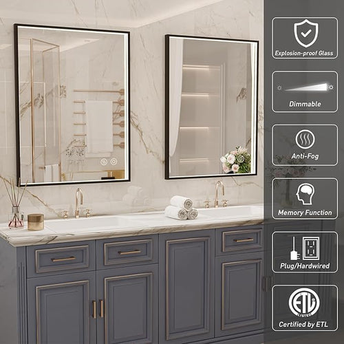 24X36 Inch LED Bathroom Mirror,Black Metal Framed Lighted Mirror,Wall Mouted LED Vanity Mirror with Lights, Stepless Dimmable, Anti-Fog, Memory(Horizontal/Vertical)