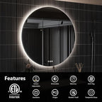 ROOMTEC 40" LED Round Mirror, Wall-Mounted, 6000K Backlit, Dimmable Lighted Bathroom Vanity, Anti-Fog